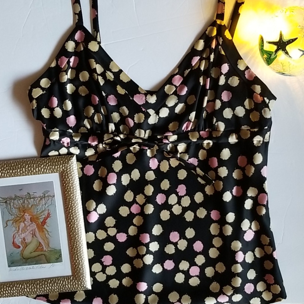 J. Crew silk dot pink gold black tie top S